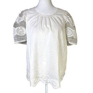 Sea New York‎ Blouse Top Size 10 Eyelet Georgina Trim Organza Puff Sleeves White
